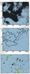 Confronto tra la mappa gamma  ottenuta da COS-B (in alto) la primo isofota radio al centro (al centro) ed una carta celeste della corrispondente regione di Orione (sotto)